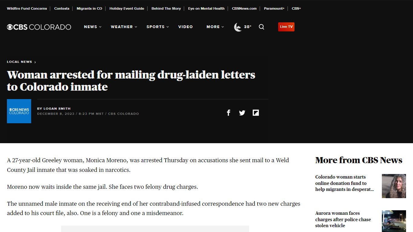 Woman arrested for mailing drug-laiden letters to Colorado inmate